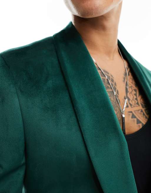 ASOS DESIGN super skinny smoking jacket in dark green velvet with belt ASOS