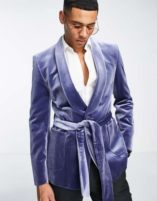 Men's Smoking Jacket With Satin Belt Black Velvet Casual Wedding Party  Blazer