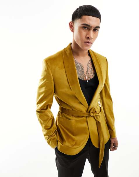 ASOS DESIGN super skinny smoking jacket in mustard velvet with belt - view 1