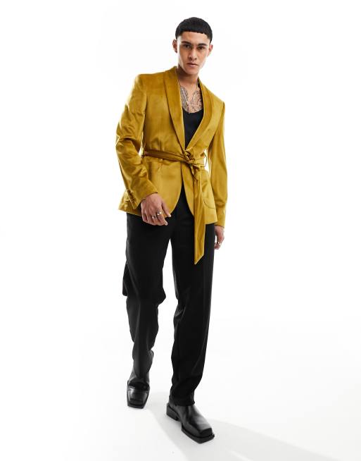 ASOS DESIGN super skinny smoking jacket in mustard velvet with