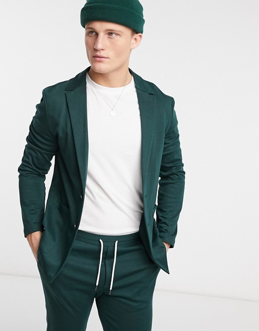 ASOS DESIGN super skinny soft tailored suit jacket in jersey in bottle green