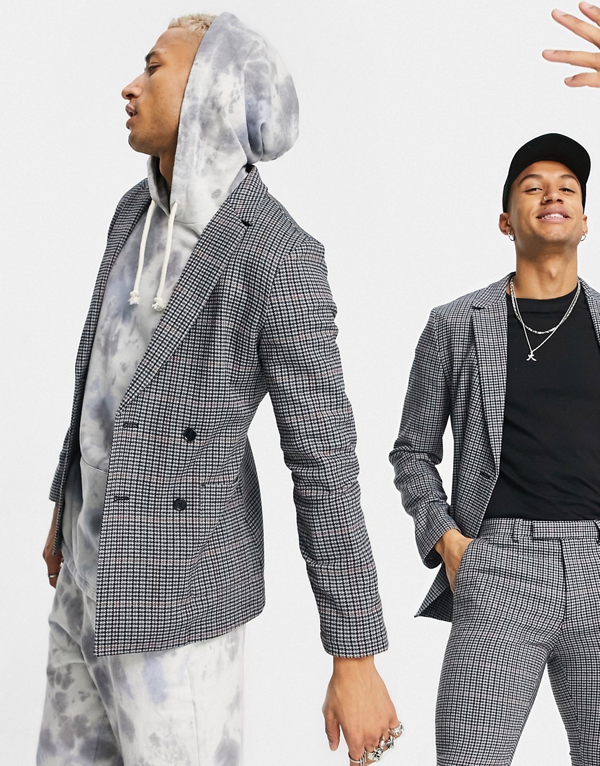 ASOS DESIGN super skinny soft tailored wool mix suit jacket in blue micro with grid check-Blues