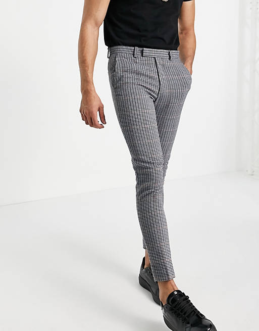 Men super skinny soft tailored wool mix suit trouser in blue micro with grid check 