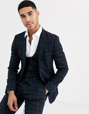 ASOS DESIGN super skinny suit jacket in blackwatch plaid check in navy ...