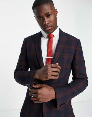 Asos Design Super Skinny Suit Jacket In Burgundy Blackwatch Tartan Check-red