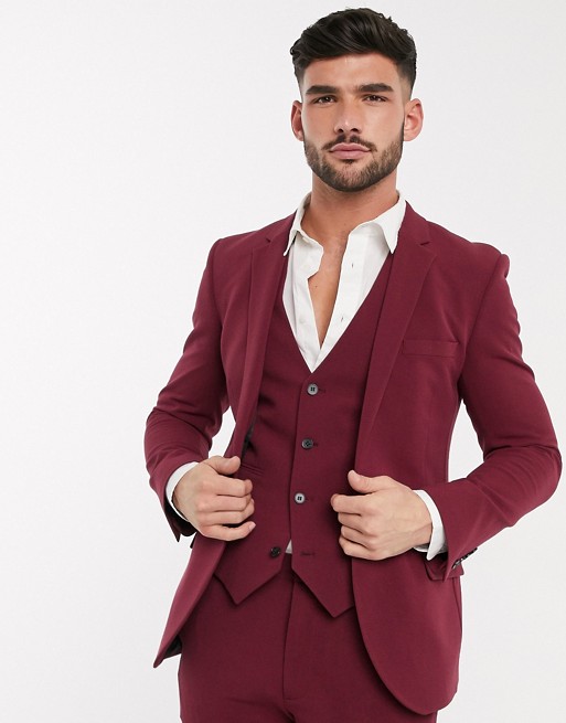 ASOS DESIGN super skinny suit jacket in burgundy in four way stretch