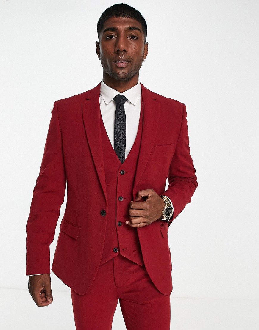 ASOS DESIGN super skinny suit jacket in burgundy-Red