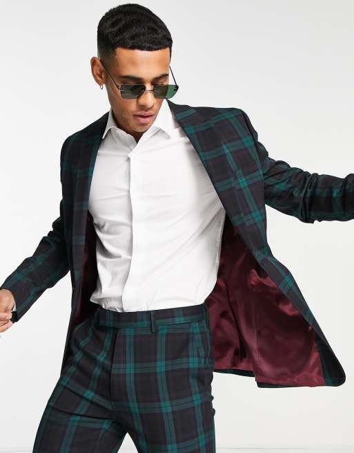 ASOS DESIGN super skinny suit pants in dark green and black tartan