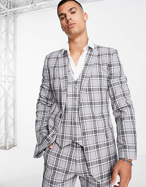 ASOS DESIGN super skinny suit jacket in grey tartan check