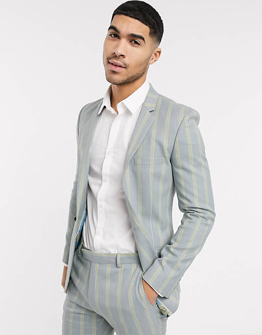  super skinny suit jacket in ice grey and yellow bold stripe 