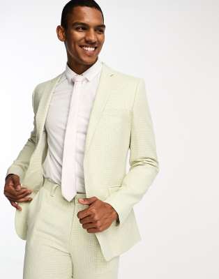 Asos Design Super Skinny Suit Jacket In Linen In Puppytooth Check In Green