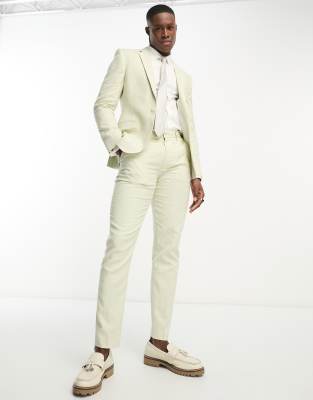 Asos Design Super Skinny Suit Jacket In Linen Mix In Houndstooth Plaid In Green In Green