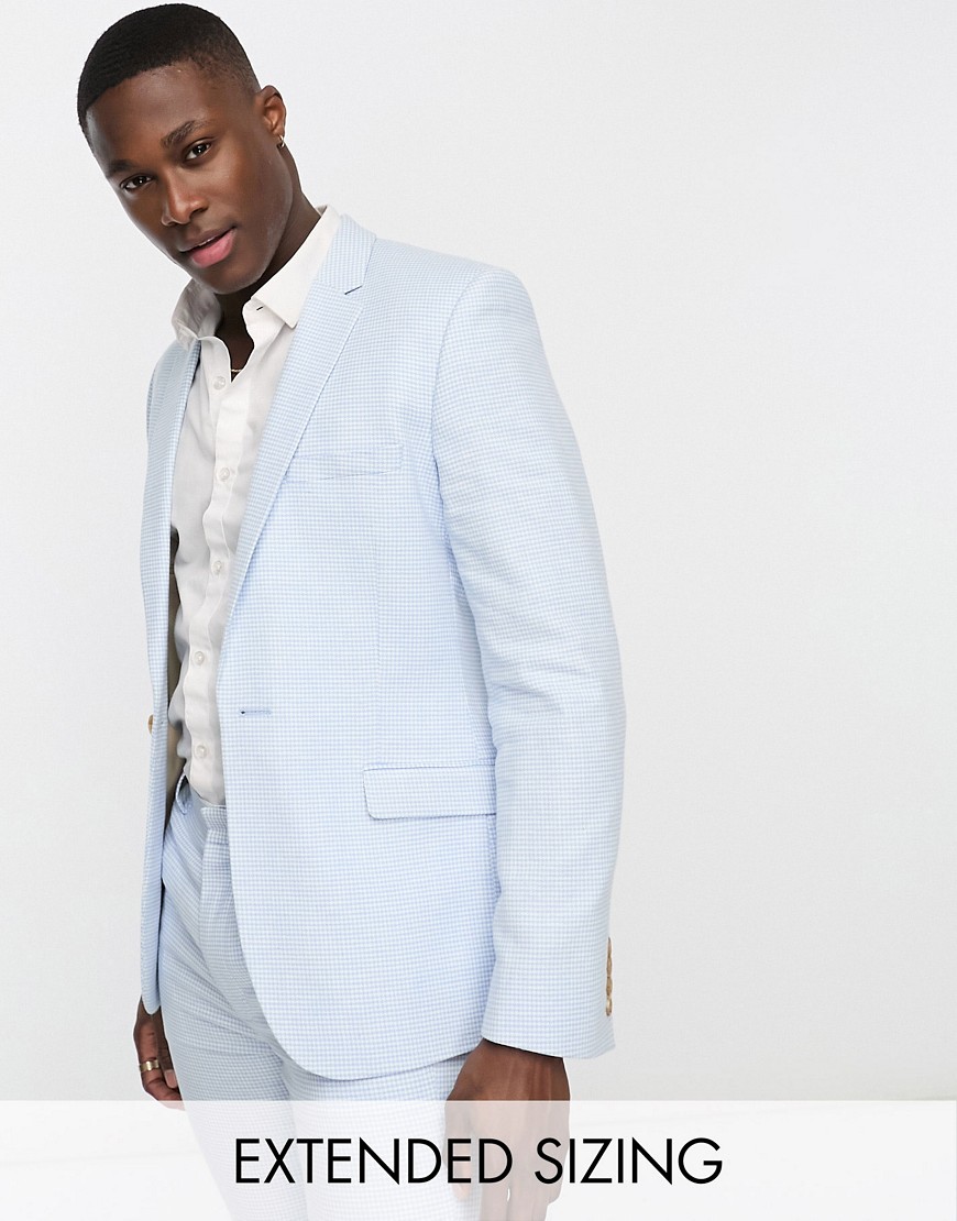 ASOS DESIGN super skinny suit jacket in linen mix in puppytooth check in blue
