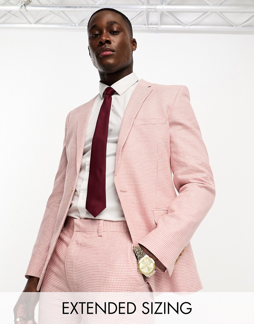 ASOS DESIGN super skinny suit jacket in linen mix in puppytooth check in pink
