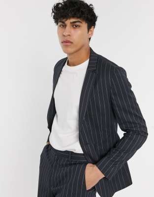 Asos Design Super Skinny Suit Jacket In Navy Wide Pinstripe ModeSens