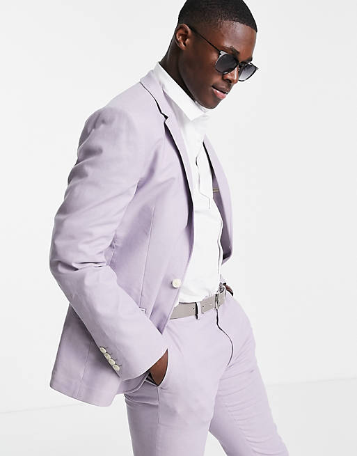 ASOS DESIGN super skinny suit jacket in pastel lilac linen mix