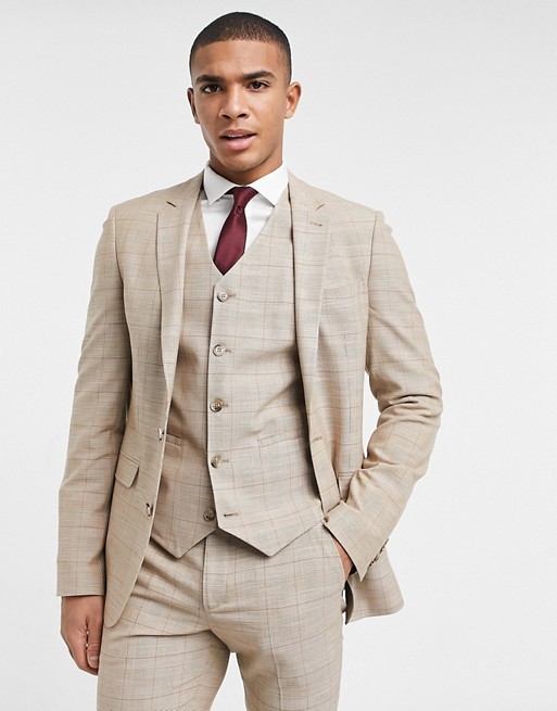 ASOS DESIGN wedding super skinny suit jacket in prince of wales check in camel