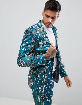 ASOS DESIGN super skinny suit jacket in teal floral print sateen | ASOS