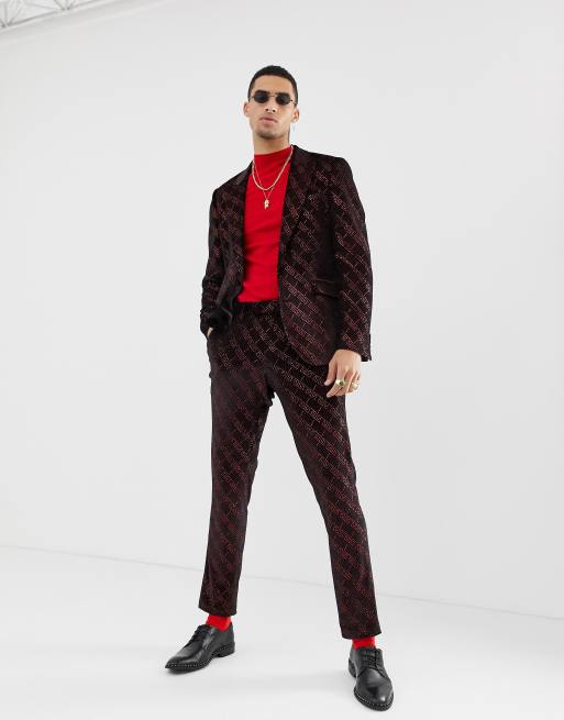 ASOS DESIGN super skinny tuxedo jacket with velvet in red - ShopStyle Suits