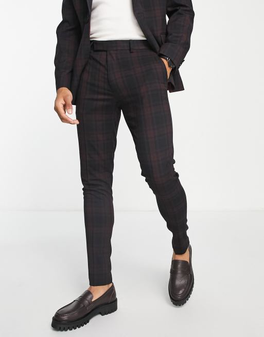 ASOS DESIGN super skinny suit pants in burgundy and black tartan
