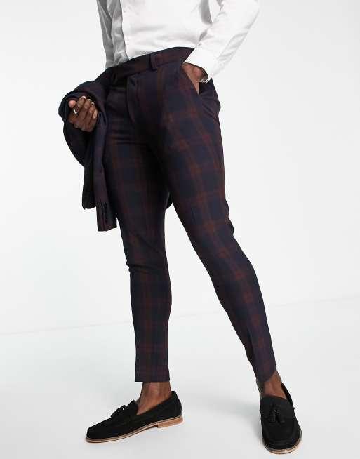 ASOS DESIGN super skinny suit pants in burgundy blackwatch tartan check ...