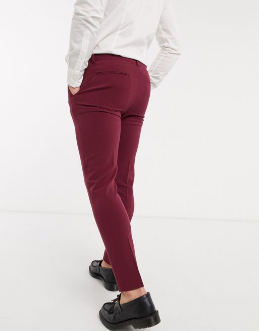 ASOS DESIGN super skinny suit pants in burgundy in four way