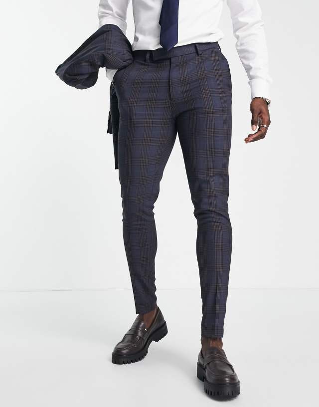 ASOS DESIGN super skinny suit pants in dark navy and rust check