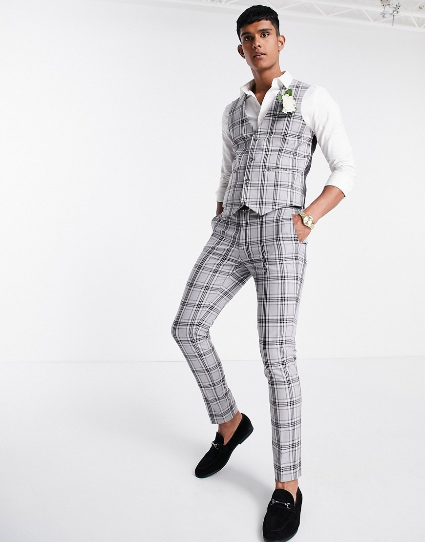 ASOS DESIGN super skinny suit pants in gray tartan plaid-Grey