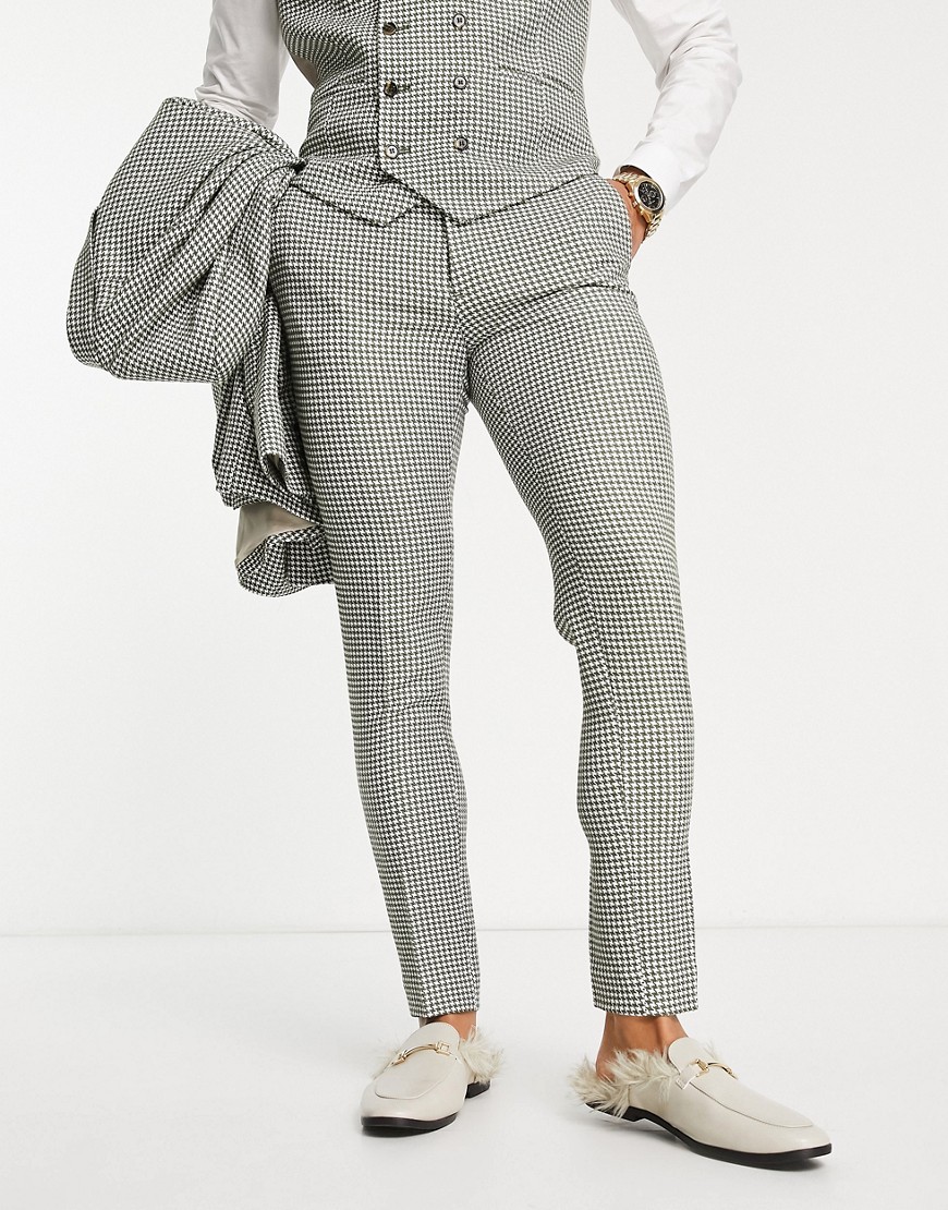 ASOS DESIGN super skinny suit pants in khaki dogstooth-Green