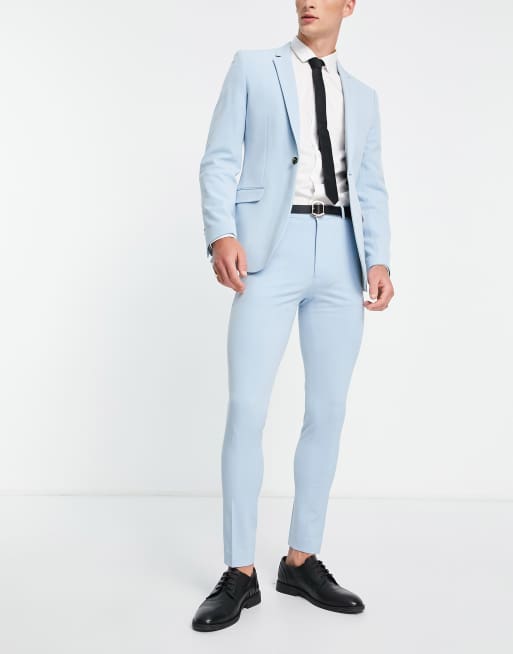 Men's Light Blue Herringbone Linen Tailored Italian Suit Pants - 1913  Collection