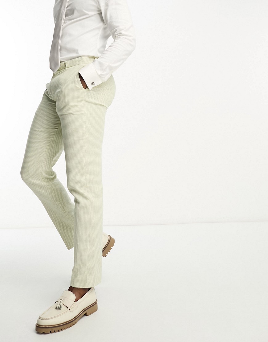 Shop Asos Design Super Skinny Suit Pants In Linen In Puppytooth Check In Green