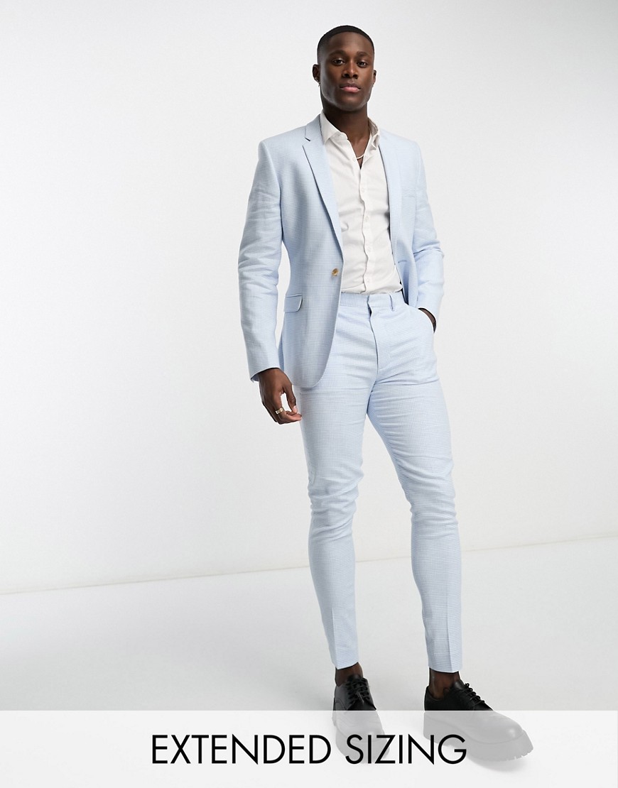 Asos Design Wedding Super Skinny Suit Pants In Linen Mix Blue Puppytooth Plaid