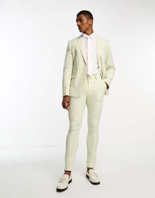 Asos Design Super Skinny Suit Jacket In Linen In Puppytooth Check In Green In Green