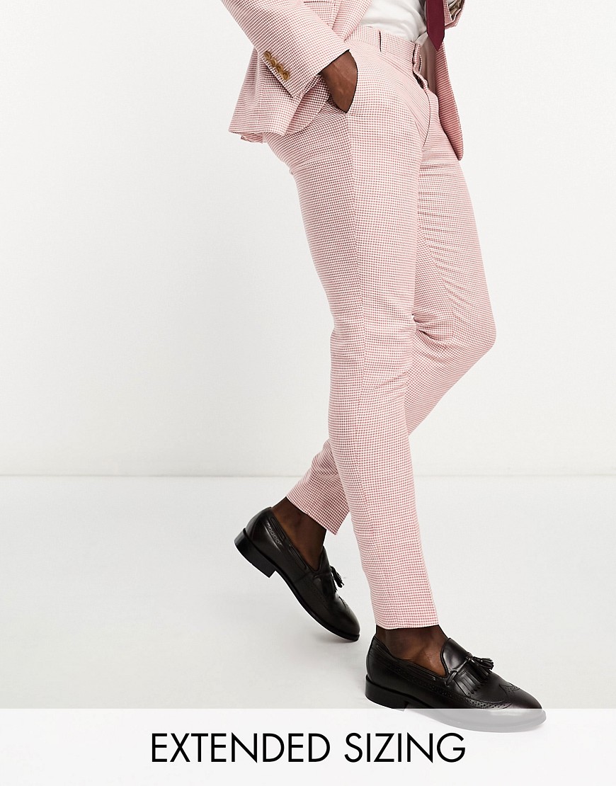 Asos Design Super Skinny Suit Pants In Linen Mix Puppytooth Check In Pink
