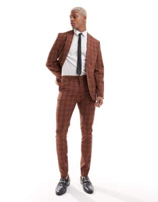 Asos Design Super Skinny Suit Pants In Stone Tonal Plaid-brown