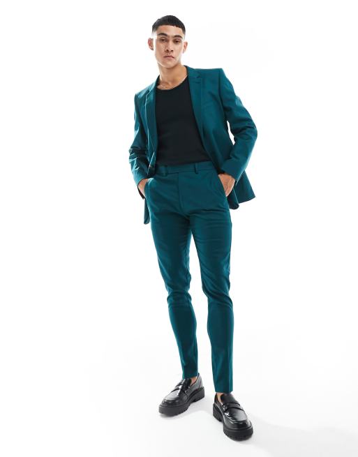 ASOS DESIGN super skinny suit pants with linen in teal green