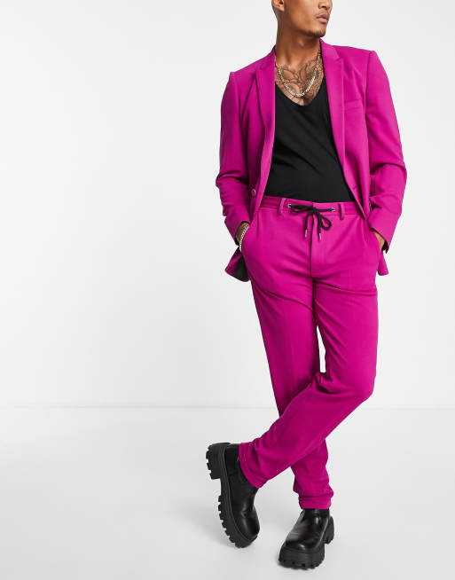 ASOS DESIGN super skinny suit pants with sweatpants waist in pink crepe