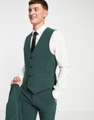 Asos Design Wedding Skinny Suit Suit Vest In Wool Mix Herringbone In Forest Green In Green