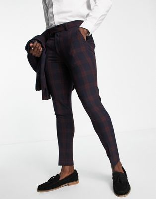 ASOS DESIGN super skinny suit trousers in burgundy blackwatch tartan check