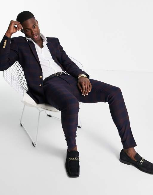 ASOS DESIGN super skinny suit trousers in burgundy mid scale check with gold button
