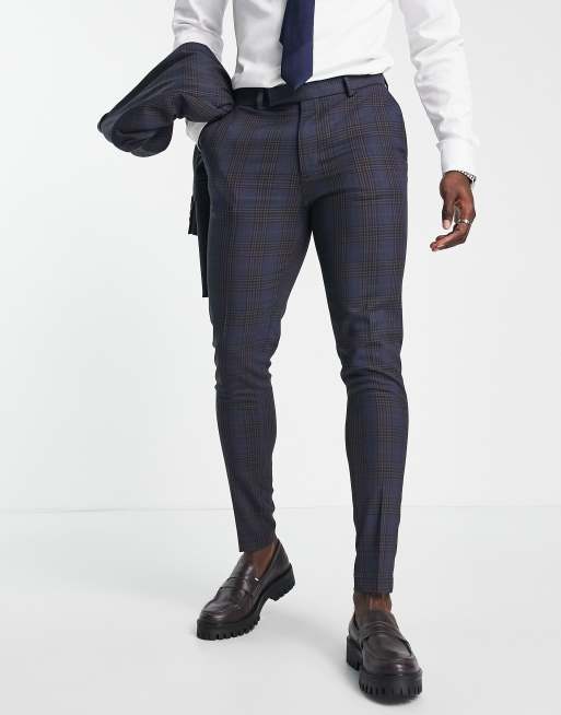 ASOS DESIGN super skinny suit trousers in dark navy and rust check 