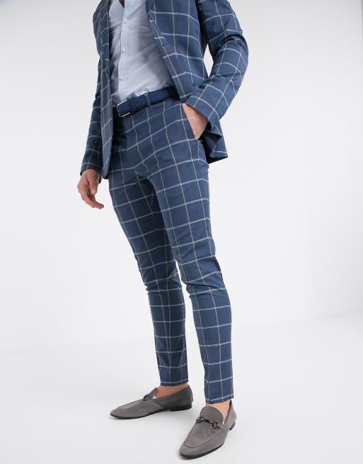 Men's Light Grey Blue Check Skinny Suit Trousers