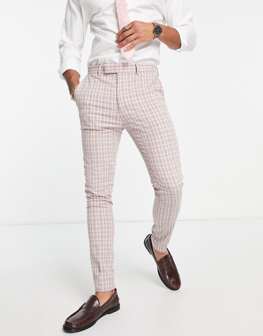 ASOS DESIGN super skinny suit trousers in pastel pink and blue micro check