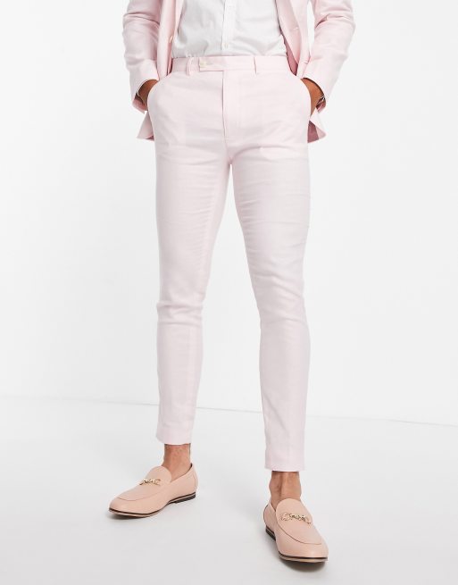 ASOS DESIGN super skinny suit trousers in pastel pink linen mix, 3 of 4