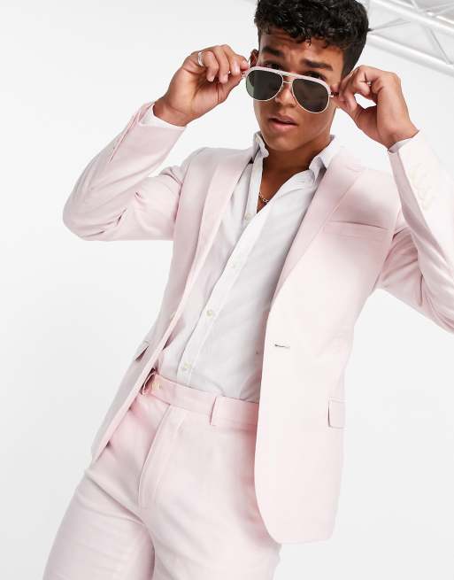 ASOS DESIGN super skinny suit trousers in pastel pink linen mix, 4 of 4