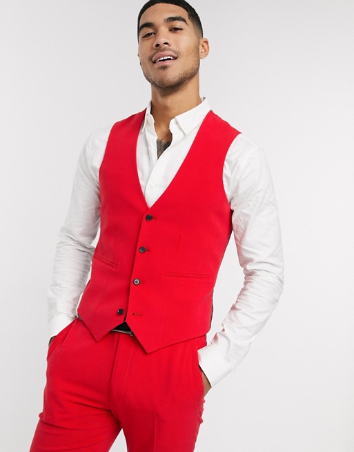ASOS DESIGN super skinny suit waistcoat in bright red in four way stretch
