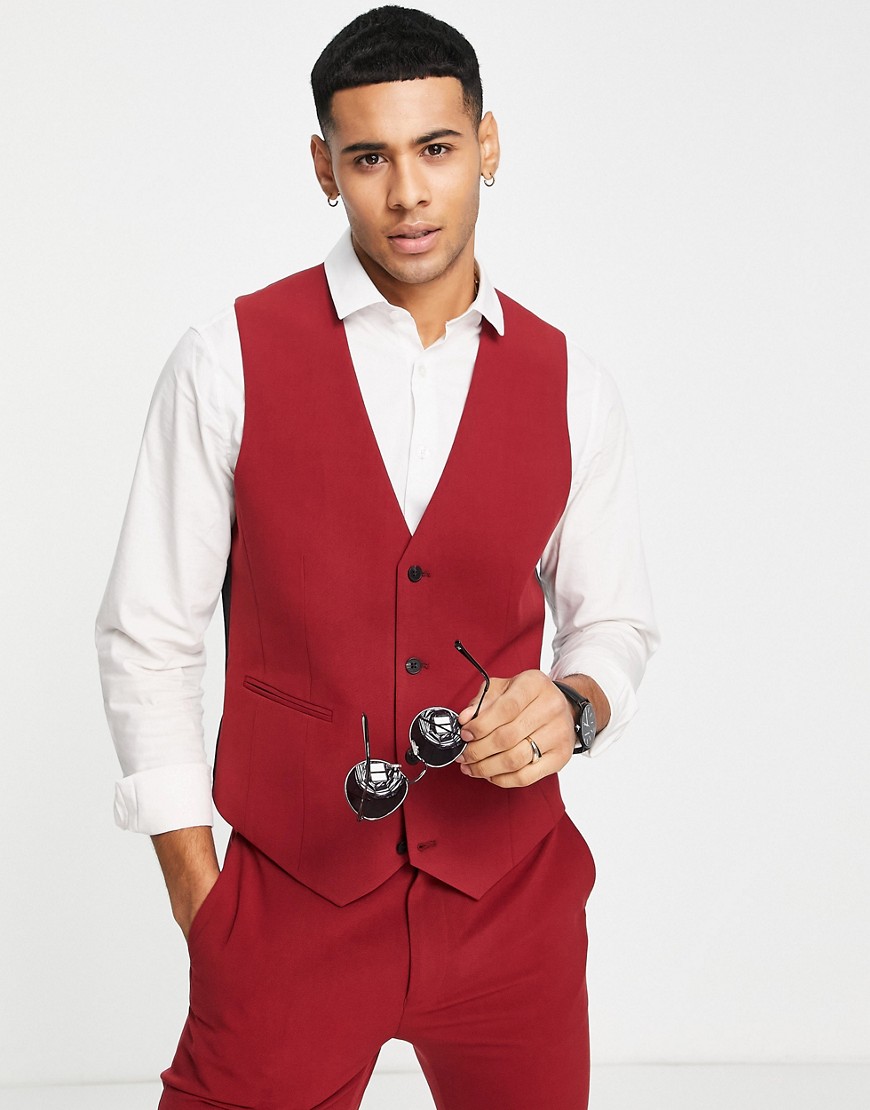 ASOS DESIGN super skinny suit waistcoat in burgundy-Red