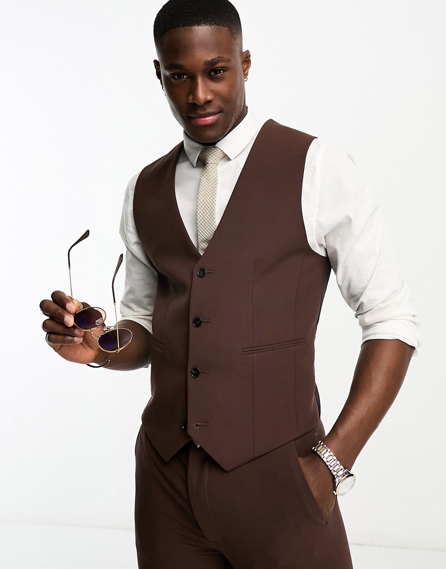 ASOS DESIGN super skinny suit waistcoat in chocolate-Brown