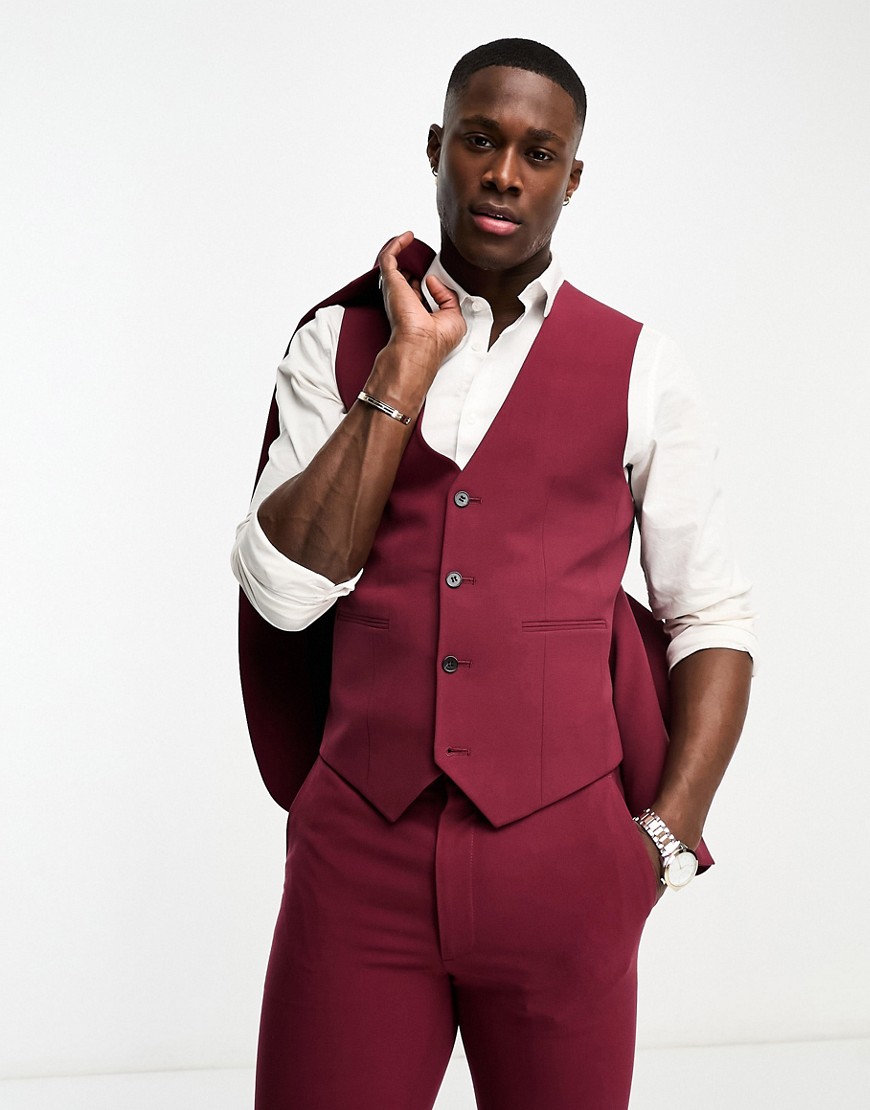 ASOS DESIGN super skinny suit waistcoat in dark burgundy-Red