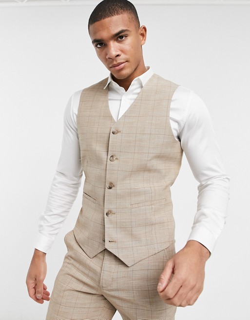 ASOS DESIGN wedding super skinny suit waistcoat in prince of wales check in camel